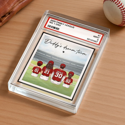 Baseball No. 1 Dad Man & Kids Sitting Trading Card Style, Personalized Acrylic Block Plaque, Father's Day Gift
