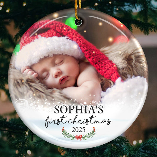 Baby First Christmas - Personalized Custom Round Shaped Ceramic Photo Christmas Ornament - Upload Image, Gift For Family, Christmas Gift