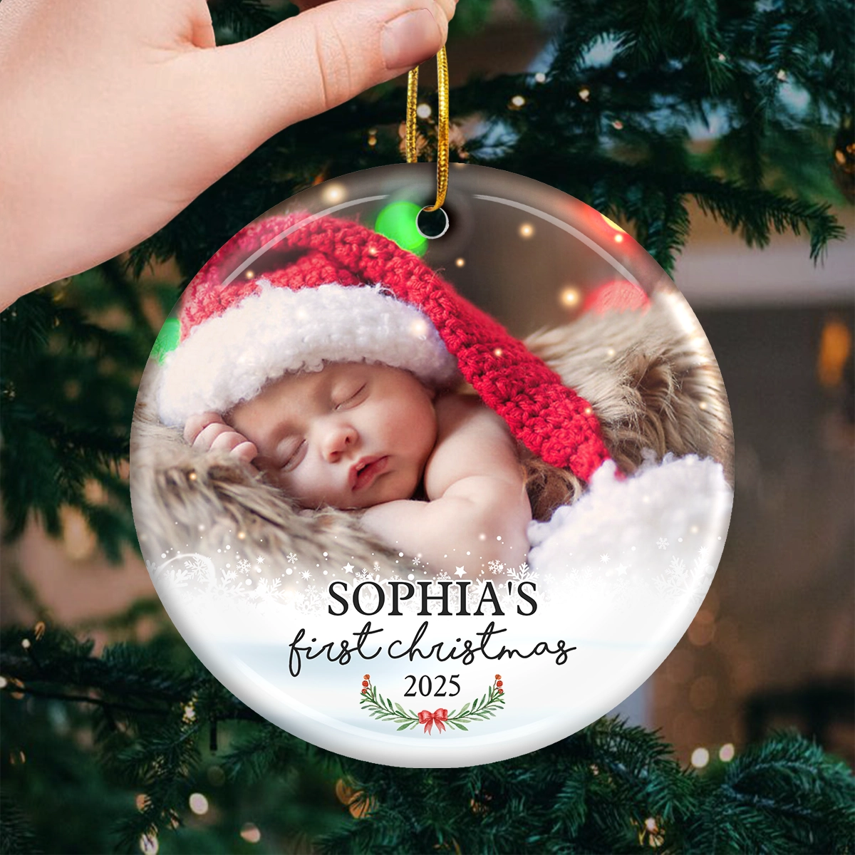 Baby First Christmas - Personalized Custom Round Shaped Ceramic Photo Christmas Ornament - Upload Image, Gift For Family, Christmas Gift