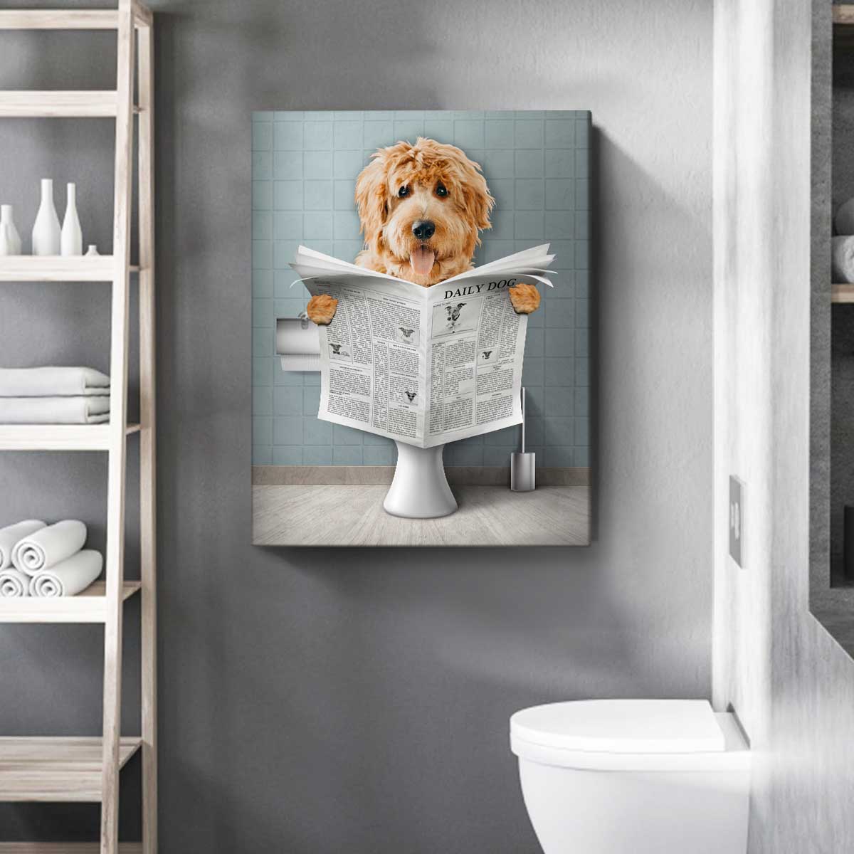 Dog Read Newspaper in Toilet Portrait Canvas, Personalized Pet Portrait, Funny Pet Portrait, Pet Customization, Kids Bathroom Wall Art