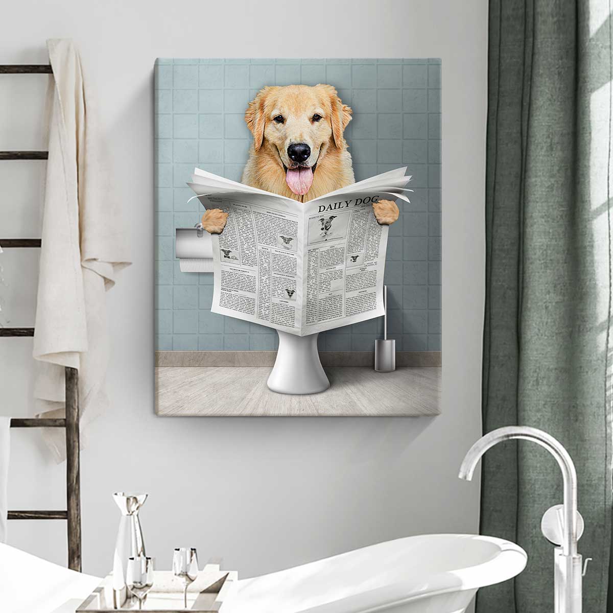 Dog Read Newspaper in Toilet Portrait Canvas, Personalized Pet Portrait, Funny Pet Portrait, Pet Customization, Kids Bathroom Wall Art