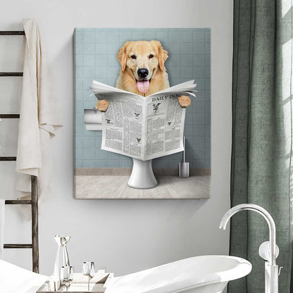 Dog Read Newspaper in Toilet Portrait Canvas, Personalized Pet Portrait, Funny Pet Portrait, Pet Customization, Kids Bathroom Wall Art