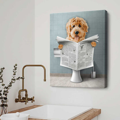 Dog Read Newspaper in Toilet Portrait Canvas, Personalized Pet Portrait, Funny Pet Portrait, Pet Customization, Kids Bathroom Wall Art