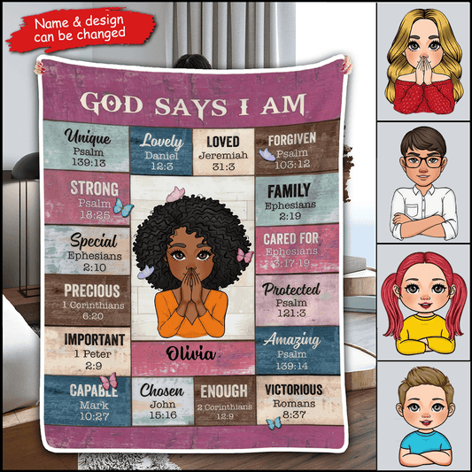 God Says I Am - Custom Blanket - Personalized Gift for Christian Girl, Woman, Sister, Mother, Friend, Wife, Girlfriend or Black History, African American