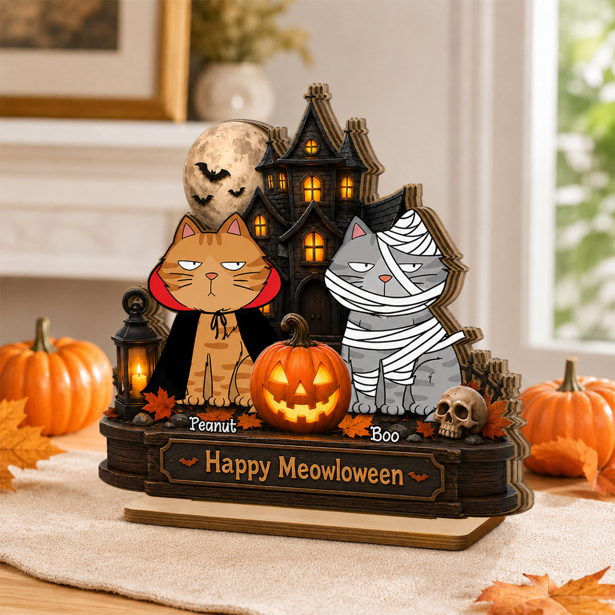 Happy Meowloween  Cats - Personalized 2-Layered Wooden Plaque - Halloween Spooky Decor for Cat Lovers