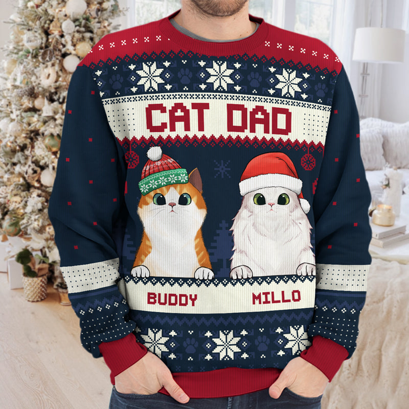 Merry Christmas Cat Mom Cat Dad Sweater, Personalized Custom Unisex Ugly Christmas Sweatshirt, Wool Sweatshirt, All-Over-Print Sweatshirt, Gift For Cat Lovers, Pet Lovers, Christmas Gift