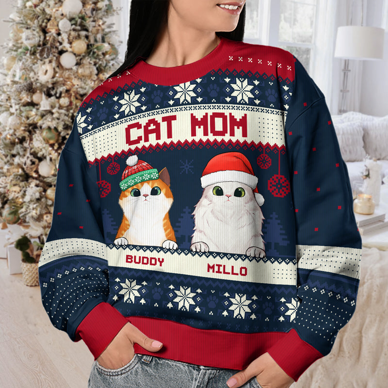 Merry Christmas Cat Mom Cat Dad Sweater, Personalized Custom Unisex Ugly Christmas Sweatshirt, Wool Sweatshirt, All-Over-Print Sweatshirt, Gift For Cat Lovers, Pet Lovers, Christmas Gift