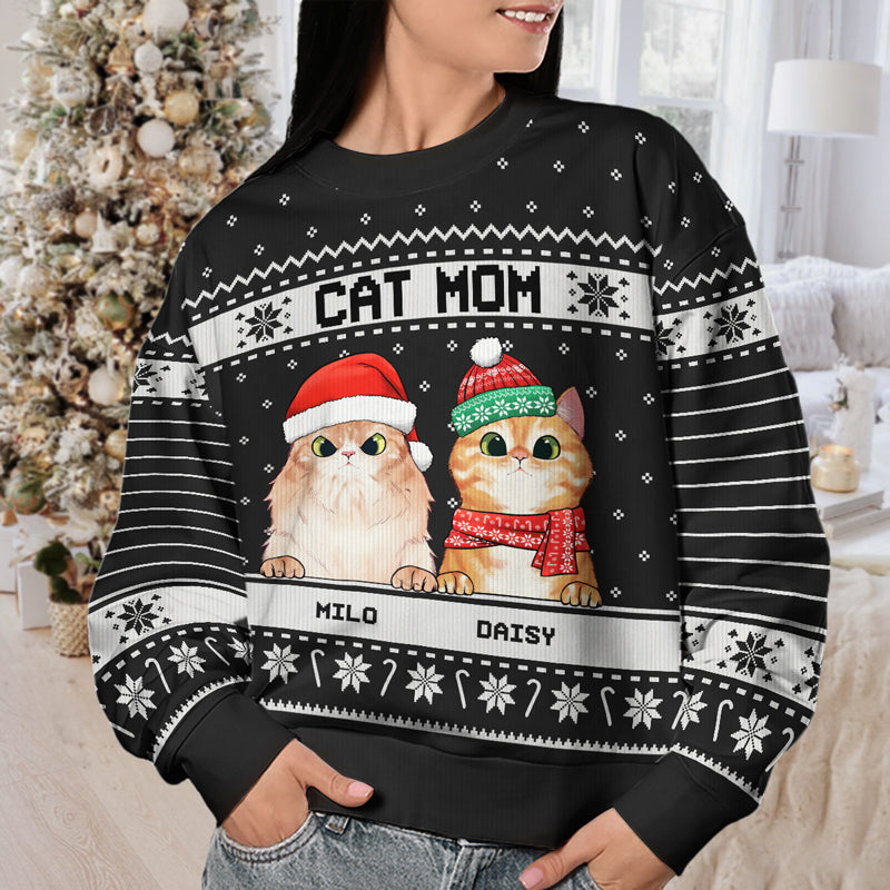 I'm A Happy Cat Dad Cat Mom Ugly Sweater - Personalized Custom Unisex Ugly Christmas Sweatshirt, All-Over-Print Sweatshirt - Gift For Cat Lovers, Pet Lovers, Christmas Gift