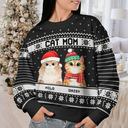 I'm A Happy Cat Dad Cat Mom Ugly Sweater - Personalized Custom Unisex Ugly Christmas Sweatshirt, All-Over-Print Sweatshirt - Gift For Cat Lovers, Pet Lovers, Christmas Gift