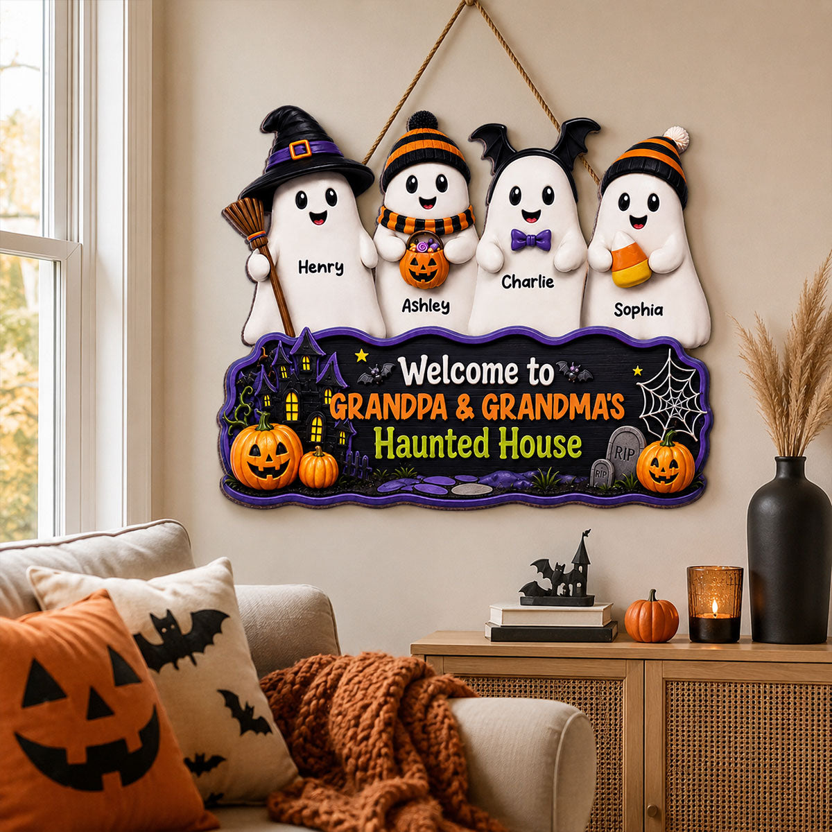 Halloween Welcome To Grandma Grandpa Haunted House Cute Boo Kids - Personalized Wood Sign - Halloween Decoration For Grandparents
