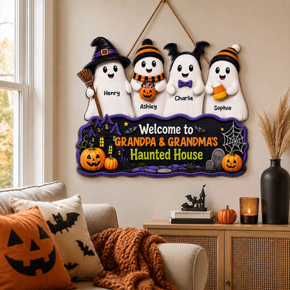 Halloween Welcome To Grandma Grandpa Haunted House Cute Boo Kids - Personalized Wood Sign - Halloween Decoration For Grandparents