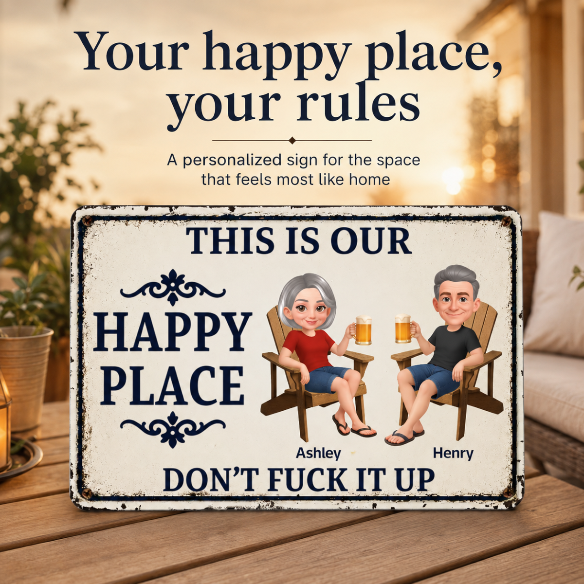 Couple Anniversary This Is Our Happy Place - Personalized Metal Sign - Funny Sarcasm Decoration For Patio, Garden, Farmhouse Porch, Man Cave, Garage