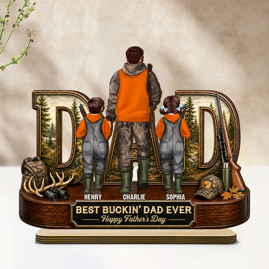 Hunting Dad Best Buckin' Dad Ever - Personalized 2-Layered Wooden Plaque - Unique Father's Day Gift For Hunting Dad, Husband