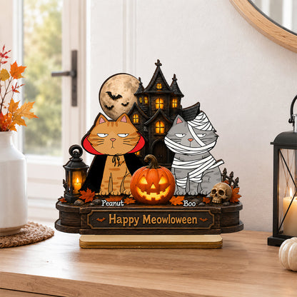 Happy Meowloween  Cats - Personalized 2-Layered Wooden Plaque - Halloween Spooky Decor for Cat Lovers
