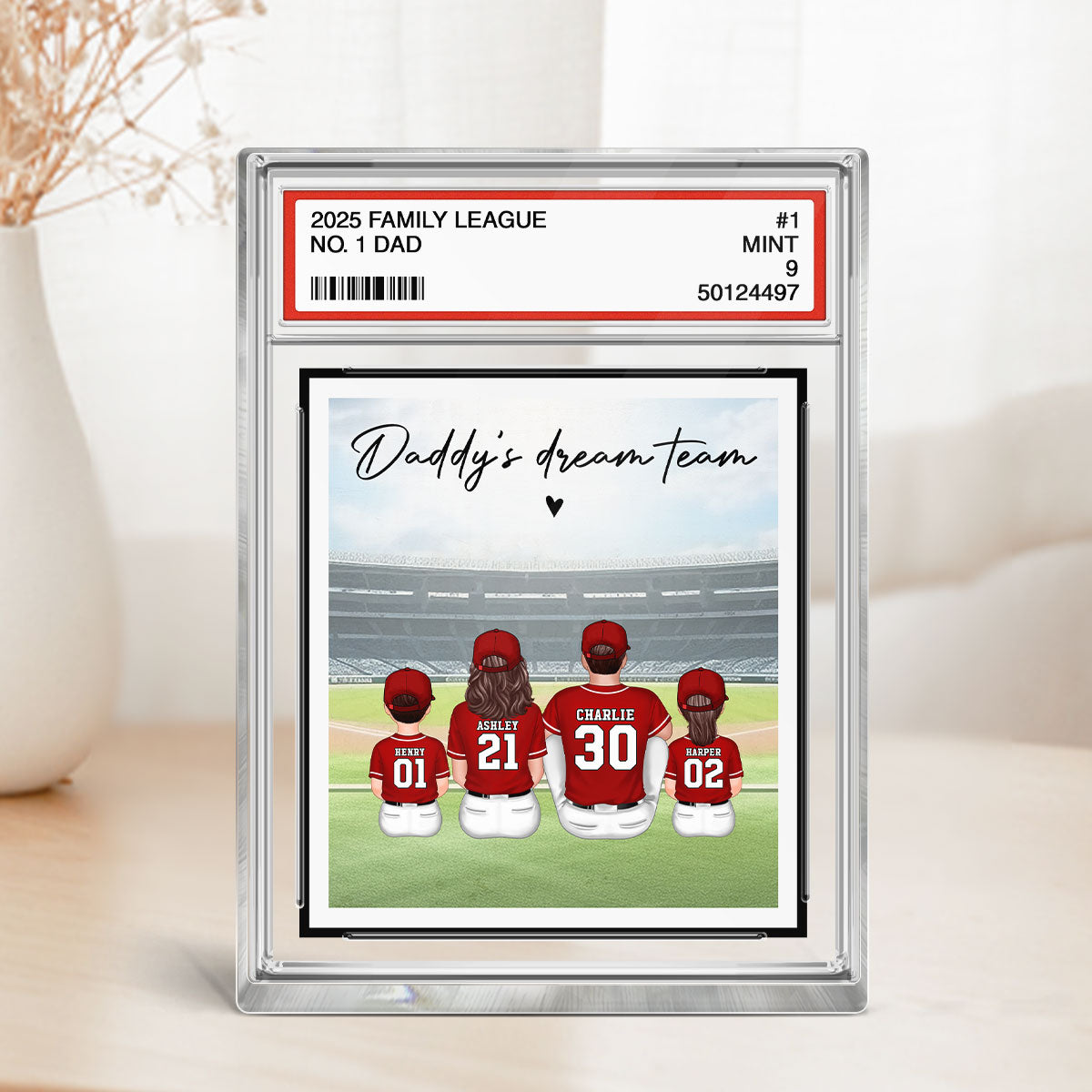Baseball No. 1 Dad Man & Kids Sitting Trading Card Style, Personalized Acrylic Block Plaque, Father's Day Gift