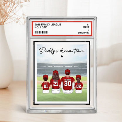 Baseball No. 1 Dad Man & Kids Sitting Trading Card Style, Personalized Acrylic Block Plaque, Father's Day Gift