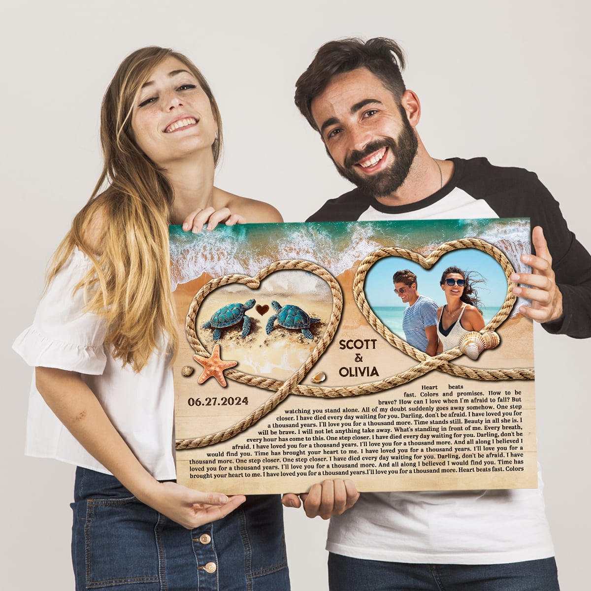 Anniversary Gift Beach Hearts Rope Design With Custom Song Lyrics Canvas Wall Art