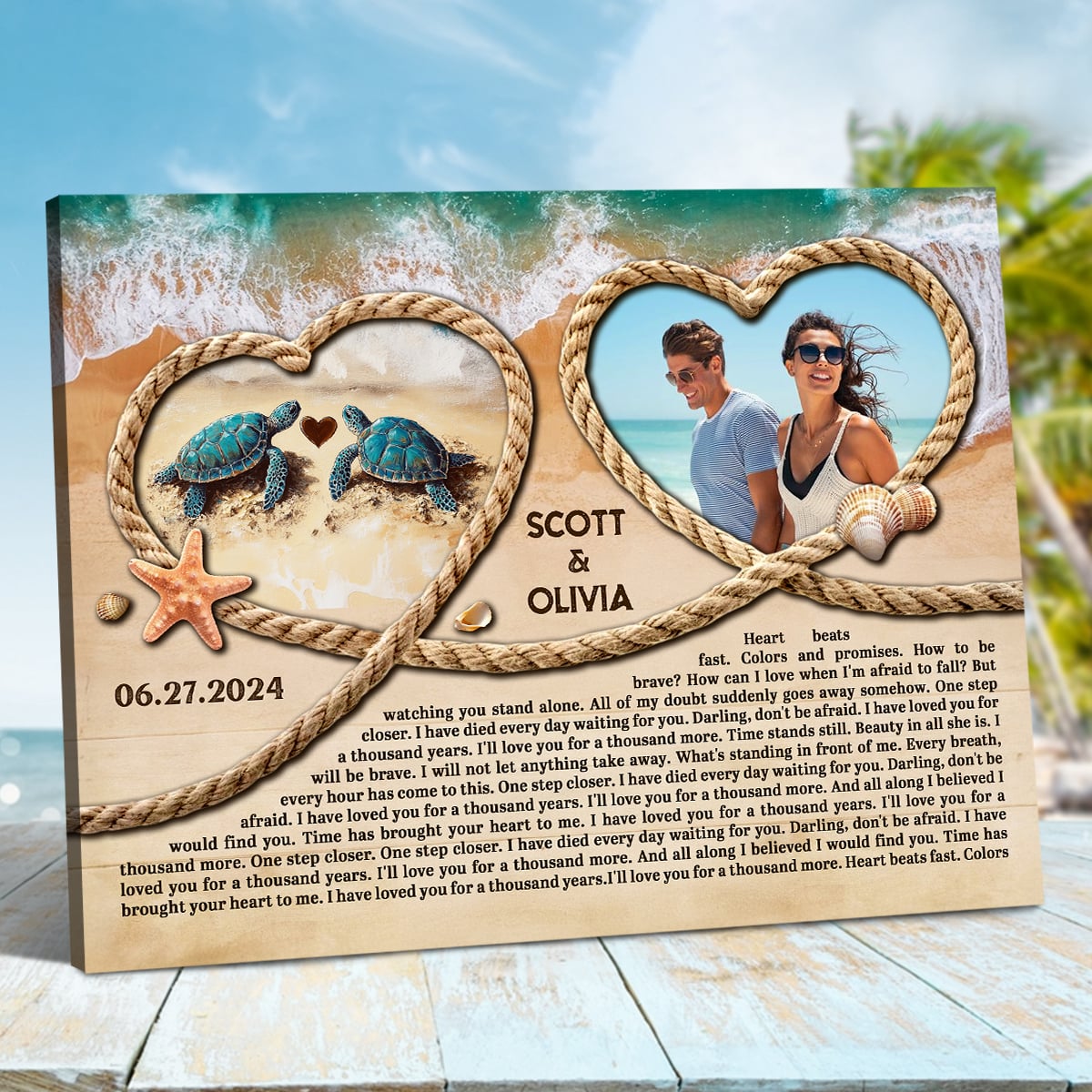 Anniversary Gift Beach Hearts Rope Design With Custom Song Lyrics Canvas Wall Art