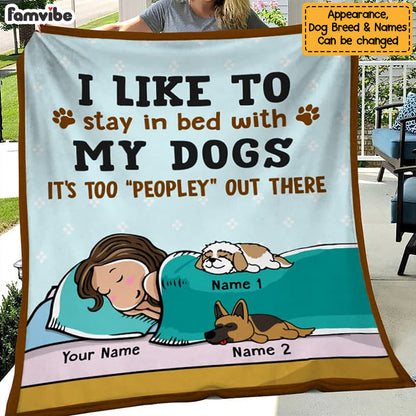 Personalized Stay In Bed With My Dog Blanket, Custom Dog Lover Sherpa Fleece Blanket, Christmas Gift for Dog Mom, Girl with Her Dogs Blanket