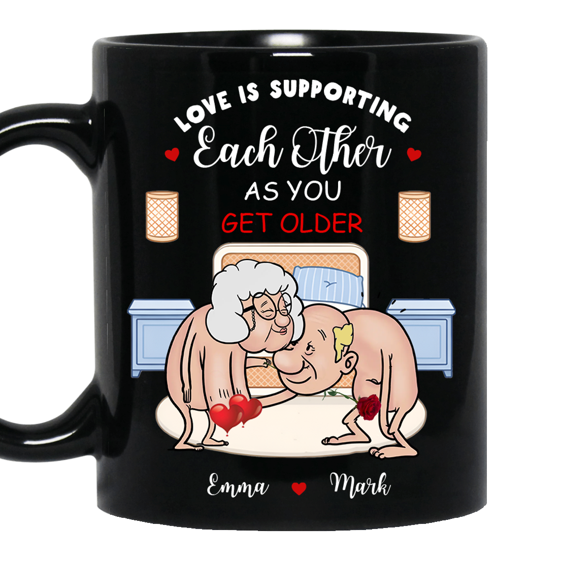 Personalized Old Couple Black Ceramic Mug - Gift Idea For Couple - Love Is Supporting Each Other As You Get Older