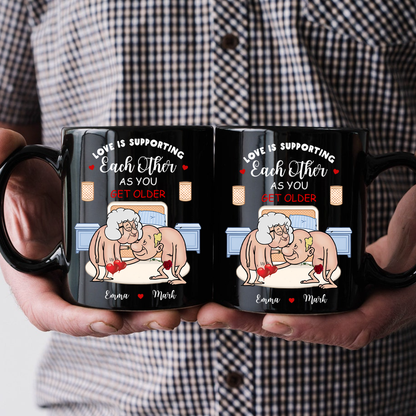 Personalized Old Couple Black Ceramic Mug - Gift Idea For Couple - Love Is Supporting Each Other As You Get Older