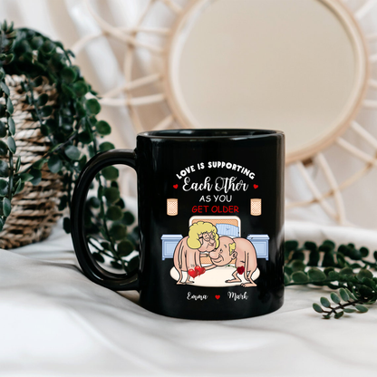Personalized Old Couple Black Ceramic Mug - Gift Idea For Couple - Love Is Supporting Each Other As You Get Older