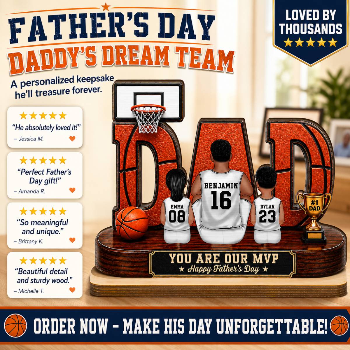 Basketball Dad Legend Daddy's Dream Team - Personalized 2-Layered Wooden Plaque - Unique Father's Day Gift For Dad, Husband, Basketball Fans