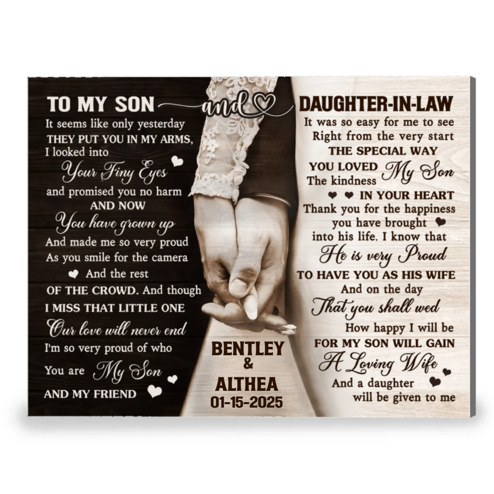 To My Son and Daughter In Law Canvas Wall Art – Personalized Wedding Gift From Parents of The Groom