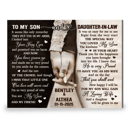 To My Son and Daughter In Law Canvas Wall Art – Personalized Wedding Gift From Parents of The Groom