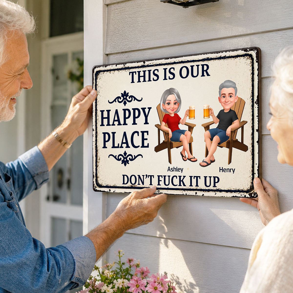 Couple Anniversary This Is Our Happy Place - Personalized Metal Sign - Funny Sarcasm Decoration For Patio, Garden, Farmhouse Porch, Man Cave, Garage