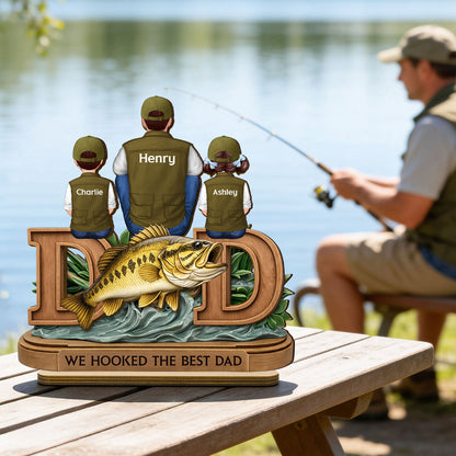 Fishing Dad And Kids Sitting Together - Personalized 2-Layered Wooden Plaque - Heartfelt Gift For Dad, Gift For Husband