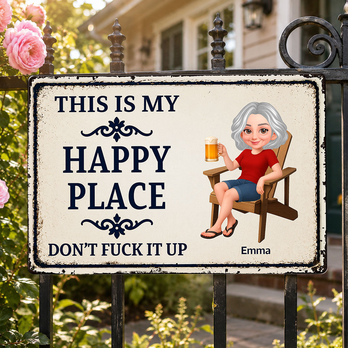 Couple Anniversary This Is Our Happy Place - Personalized Metal Sign - Funny Sarcasm Decoration For Patio, Garden, Farmhouse Porch, Man Cave, Garage