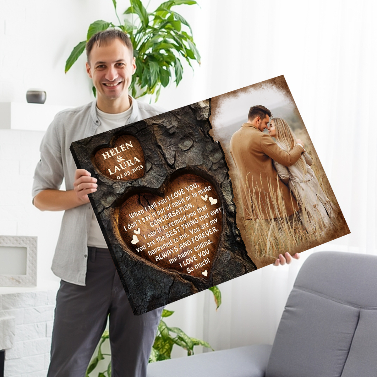 Personalized Gift For Couple Custom Photo Engraved Heart Tree Design Canvas Wall Art