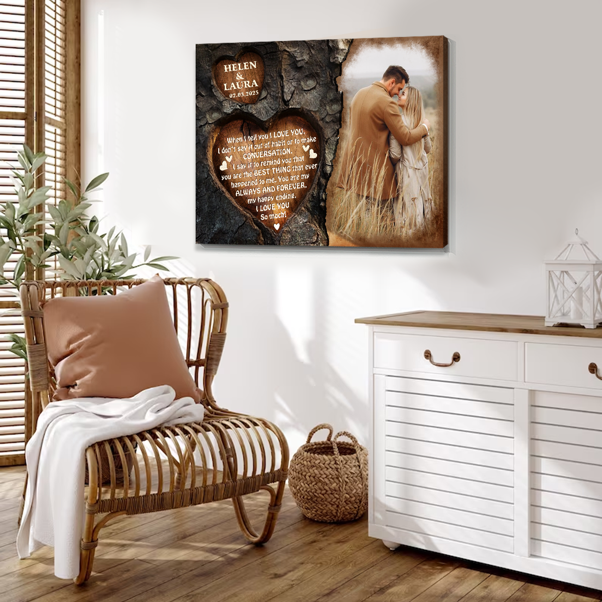 Personalized Gift For Couple Custom Photo Engraved Heart Tree Design Canvas Wall Art