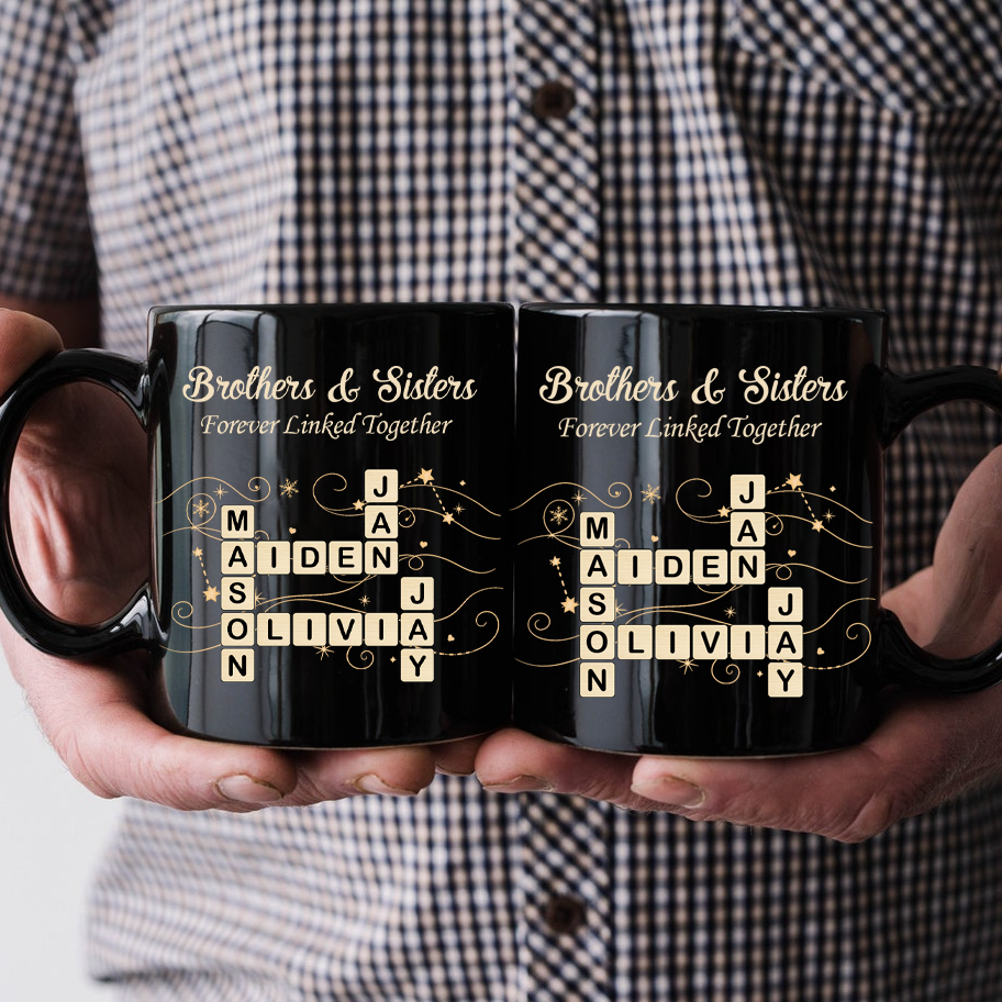 Custom Brothers & Sisters Forever Linked Together Crossword Puzzle Ceramic Mug, Gift For Brothers, Sisters, Siblings, Family