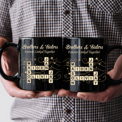 Custom Brothers & Sisters Forever Linked Together Crossword Puzzle Ceramic Mug, Gift For Brothers, Sisters, Siblings, Family