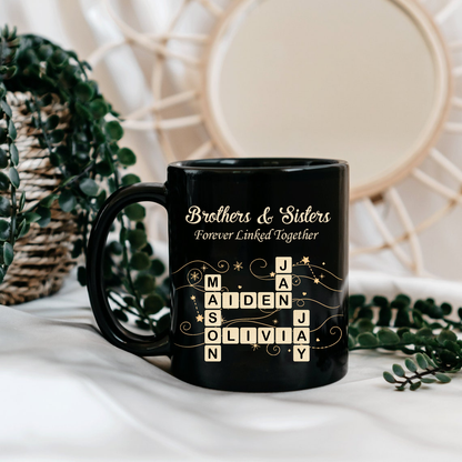 Custom Brothers & Sisters Forever Linked Together Crossword Puzzle Ceramic Mug, Gift For Brothers, Sisters, Siblings, Family