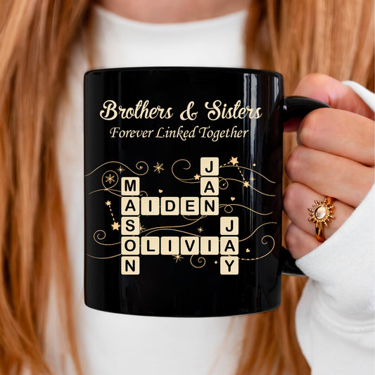 Custom Brothers & Sisters Forever Linked Together Crossword Puzzle Ceramic Mug, Gift For Brothers, Sisters, Siblings, Family