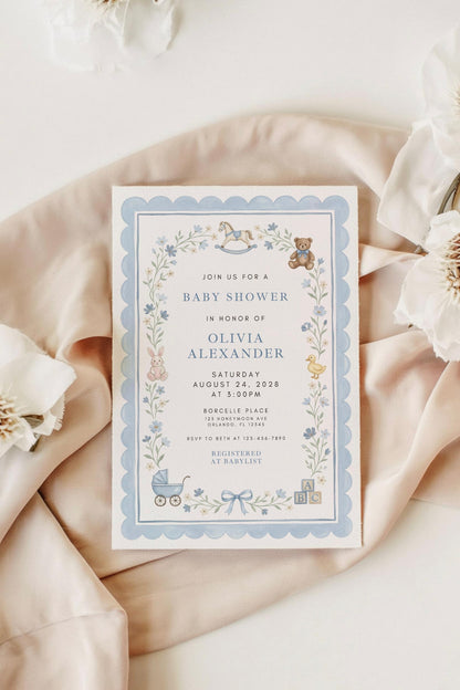 Blue Baby Shower Invitation Template, Vintage Nursery Toys Invite, Teddy Bear Rocking Horse, Floral Editable Printable Download