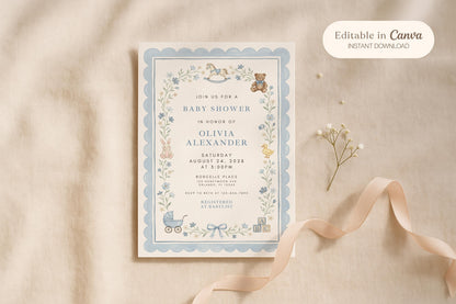 Blue Baby Shower Invitation Template, Vintage Nursery Toys Invite, Teddy Bear Rocking Horse, Floral Editable Printable Download