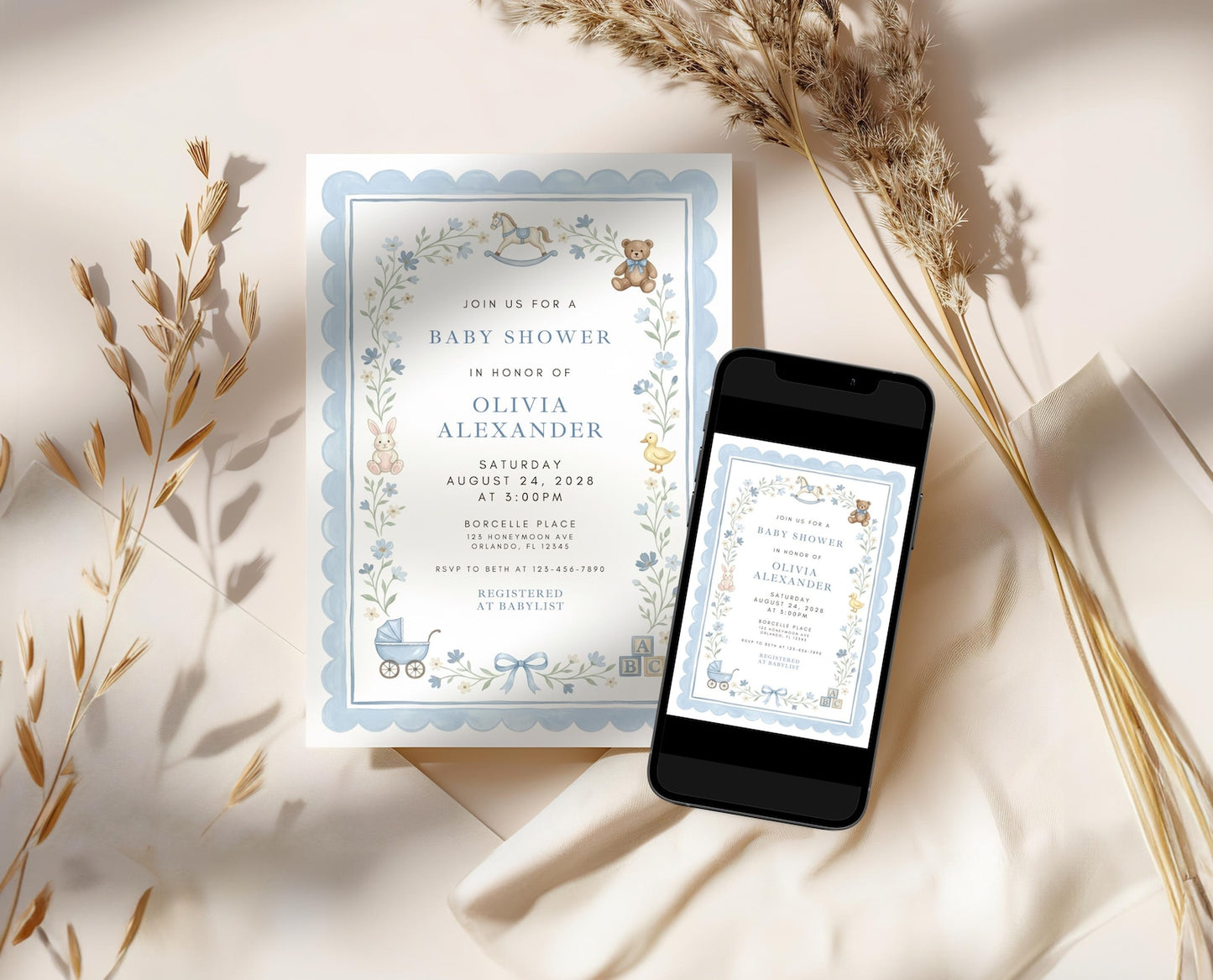 Blue Baby Shower Invitation Template, Vintage Nursery Toys Invite, Teddy Bear Rocking Horse, Floral Editable Printable Download