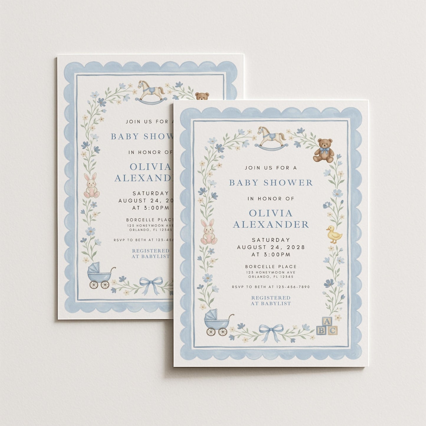 Blue Baby Shower Invitation Template, Vintage Nursery Toys Invite, Teddy Bear Rocking Horse, Floral Editable Printable Download