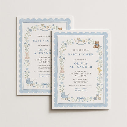 Blue Baby Shower Invitation Template, Vintage Nursery Toys Invite, Teddy Bear Rocking Horse, Floral Editable Printable Download
