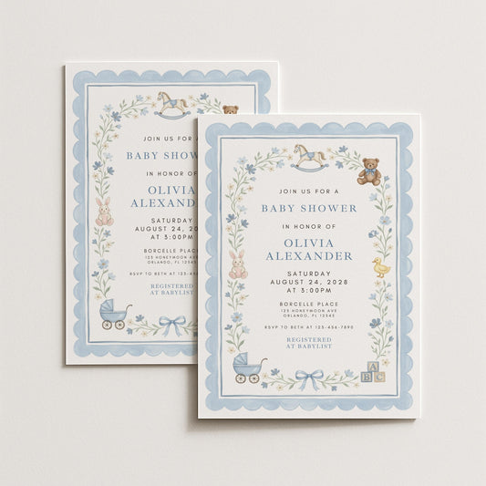 Blue Baby Shower Invitation Template, Vintage Nursery Toys Invite, Teddy Bear Rocking Horse, Floral Editable Printable Download