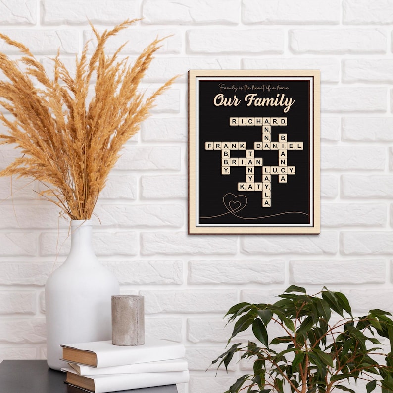 Custom Scrabble Family Name Frame, Scrabble Puzzle, Grandkid Crossword Scrabble Wooden Sign, Unique Gift for Parents Grandparent