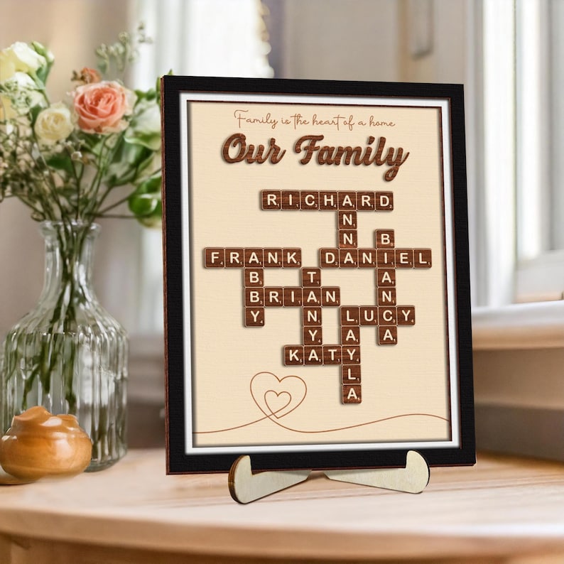Custom Scrabble Family Name Frame, Scrabble Puzzle, Grandkid Crossword Scrabble Wooden Sign, Unique Gift for Parents Grandparent