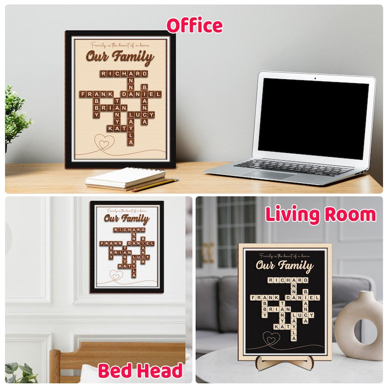 Custom Scrabble Family Name Frame, Scrabble Puzzle, Grandkid Crossword Scrabble Wooden Sign, Unique Gift for Parents Grandparent