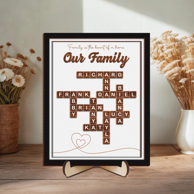 Custom Scrabble Family Name Frame, Scrabble Puzzle, Grandkid Crossword Scrabble Wooden Sign, Unique Gift for Parents Grandparent