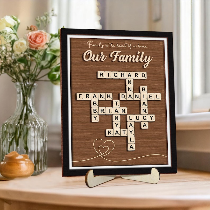 Custom Scrabble Family Name Frame, Scrabble Puzzle, Grandkid Crossword Scrabble Wooden Sign, Unique Gift for Parents Grandparent