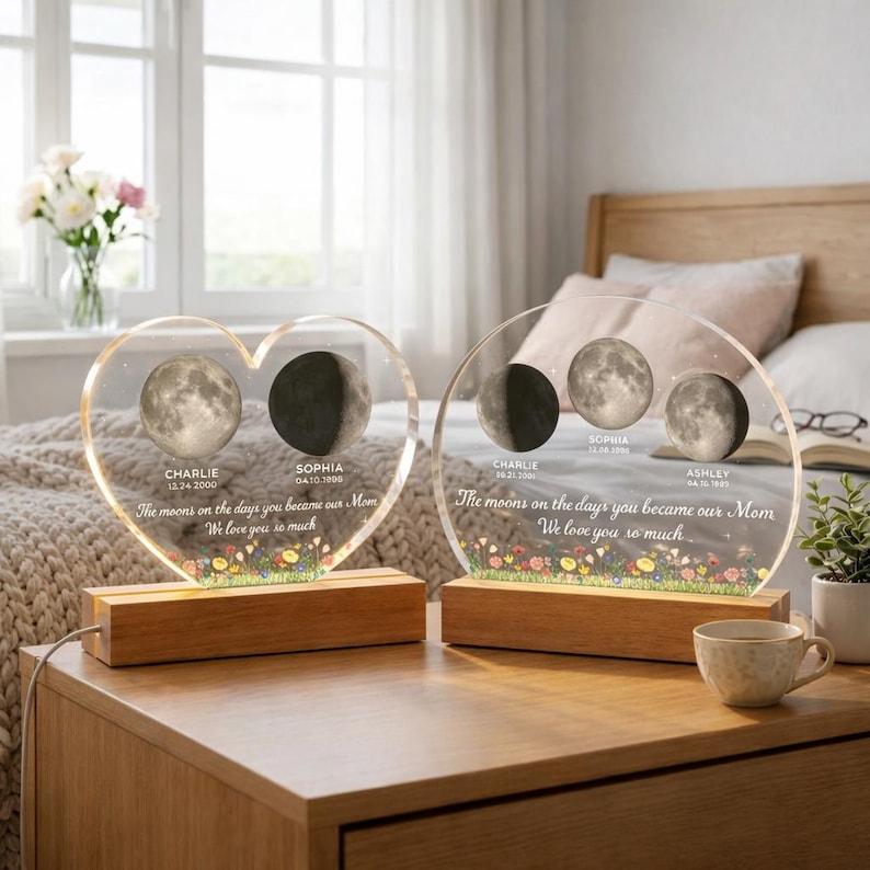 The Days You Became Our Mom, Custom Moon Phase by Date - Personalized Acrylic LED Night Light - Heartfelt Mother's Day Gift for Mom